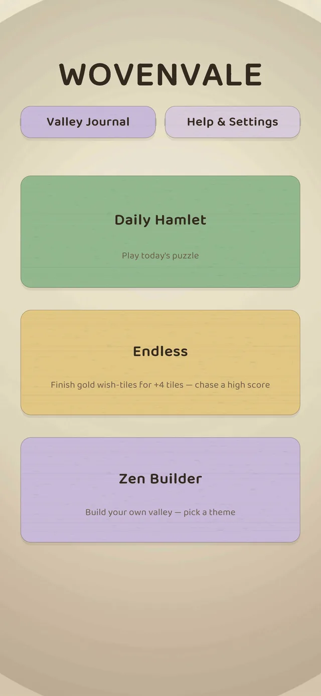 Wovenvale main menu with its game modes