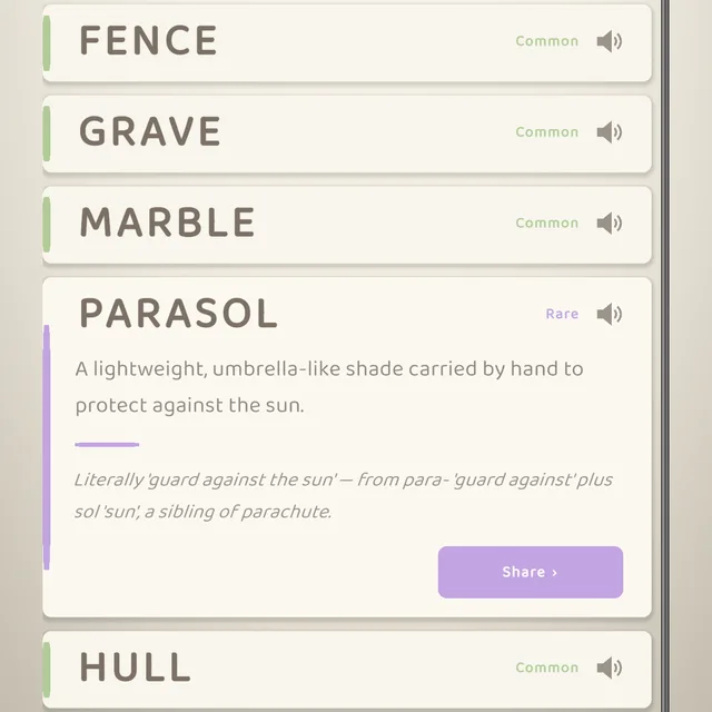 The Collection — words you’ve caught, graded Common to Legendary