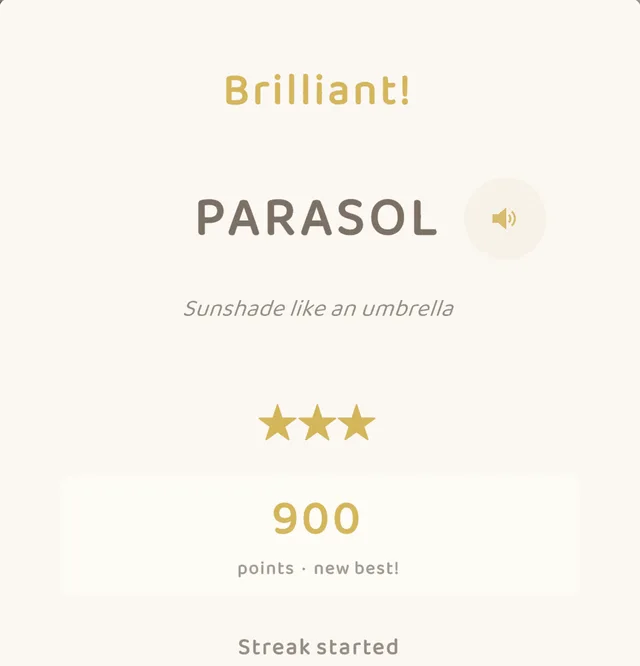 A Daily Challenge result — “Brilliant!”, the word PARASOL, three stars and 900 points, with a streak started