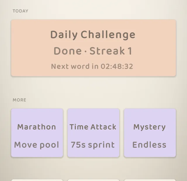 Zigora’s home menu — today’s Daily Challenge above the Marathon, Time Attack and Mystery modes