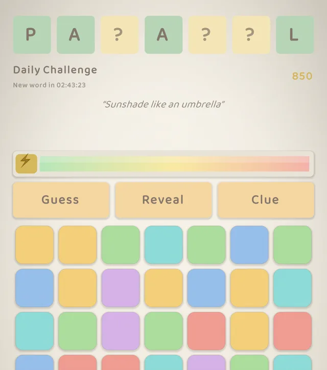 The Daily Challenge — colors charge the energy you spend to deduce the hidden word
