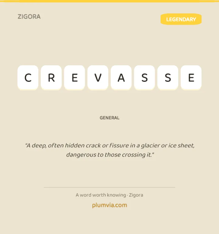 Zigora word card — CREVASSE (Legendary): “a deep, often hidden crack or fissure in a glacier or ice sheet, dangerous to those crossing it.”
