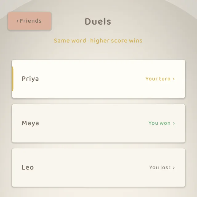 The Duels list — same word, higher score wins: a turn to take, a win, and a loss